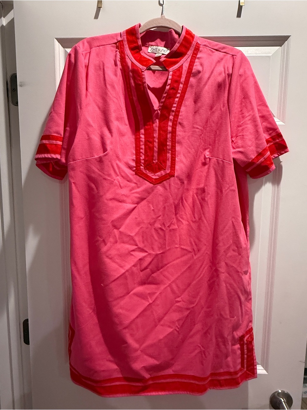 She + Sky Pink Shift Dress with Red Trim